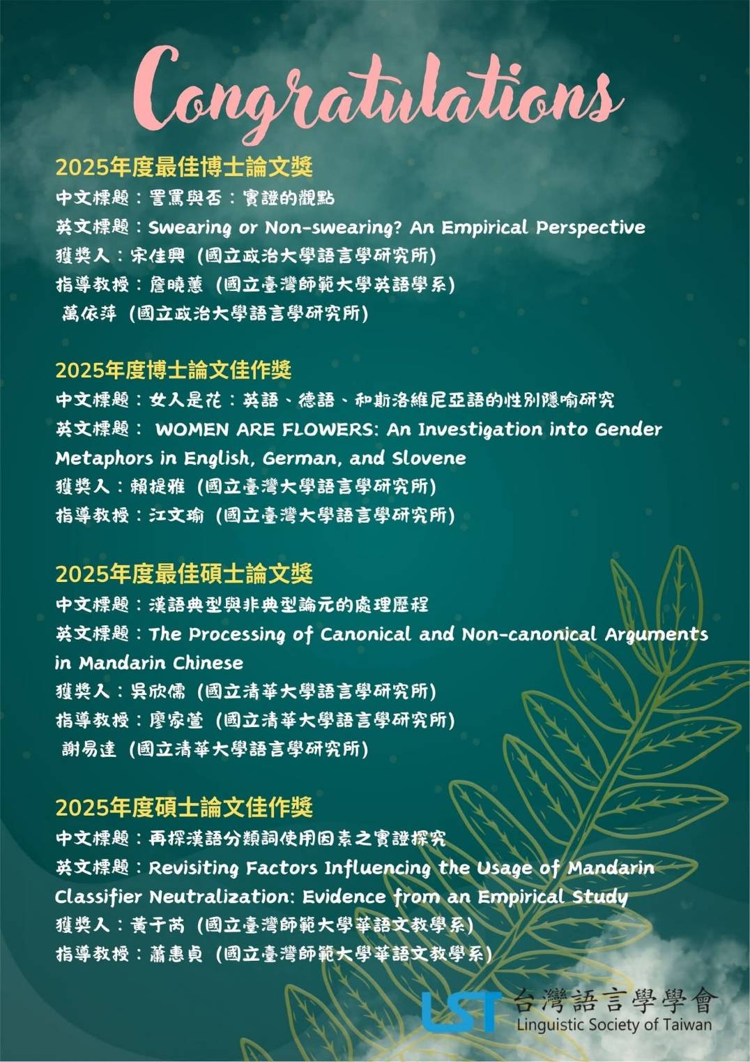 賀！本所博士班畢業學生宋佳興獲得2025年度台灣語言學學會最佳博士論文獎！