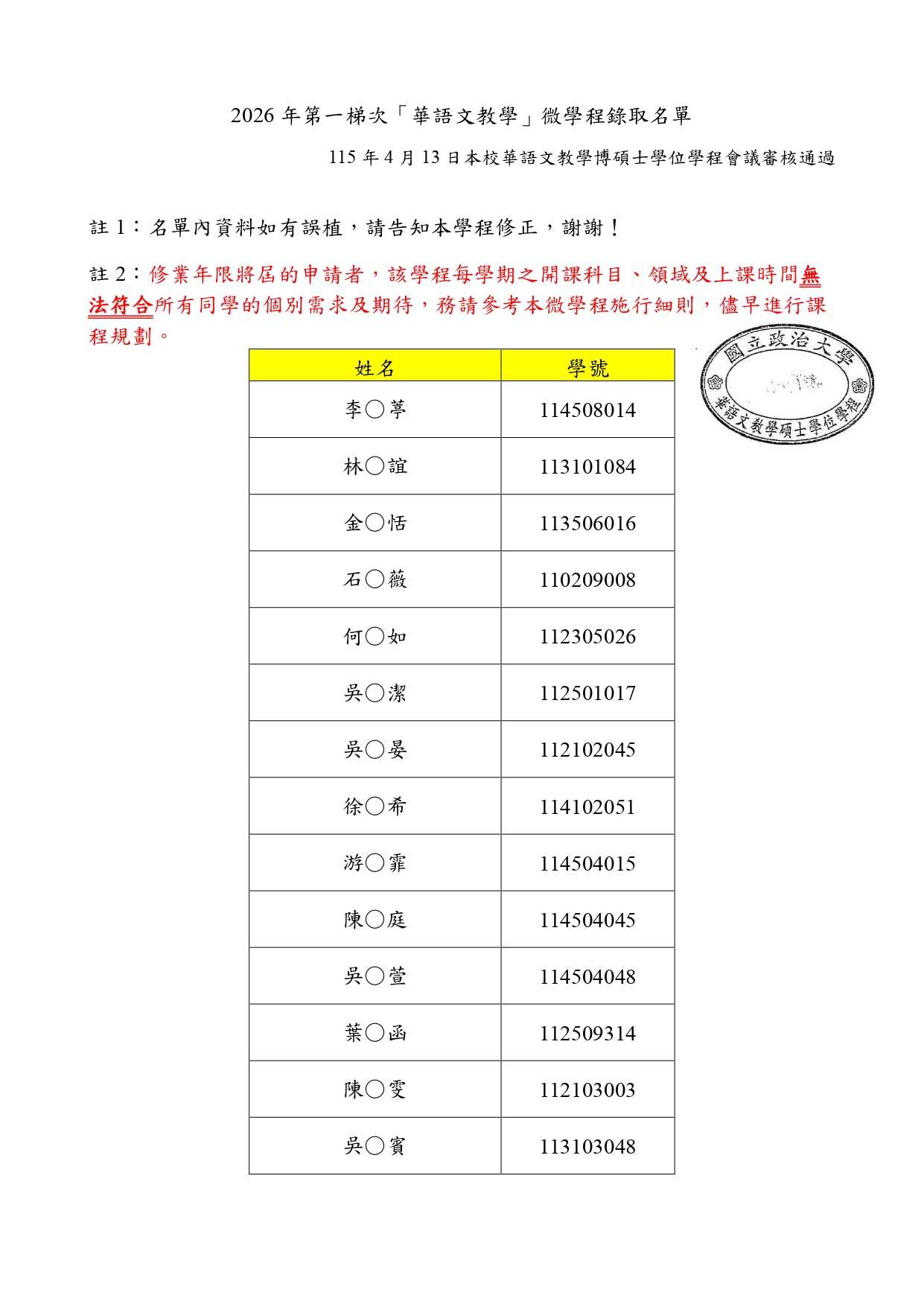 公告2026年第一梯次「華語文教學」微學程申請通過名單
